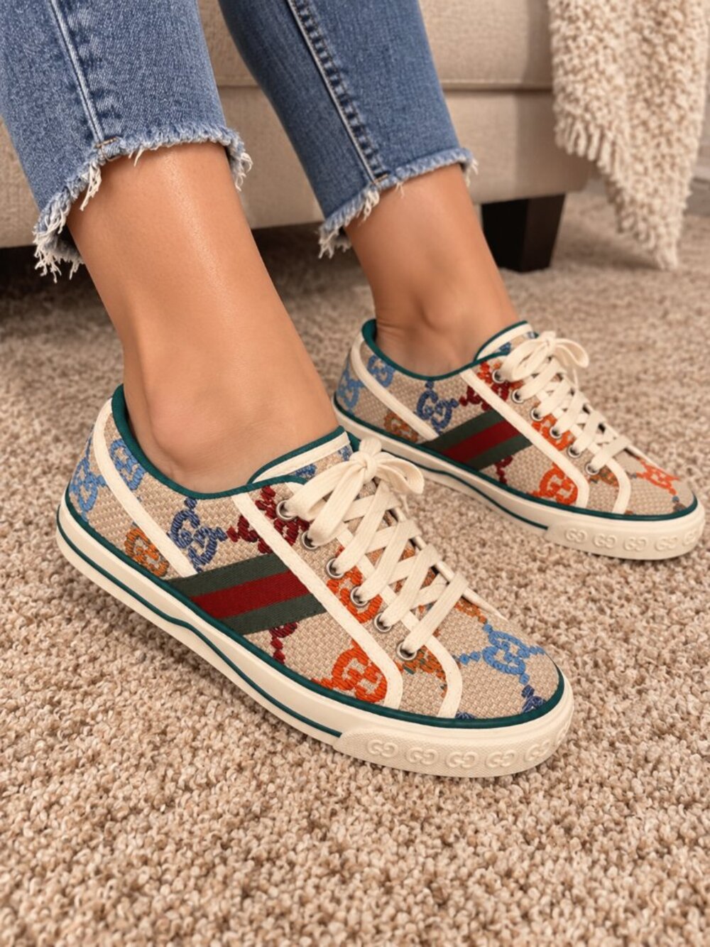 EUC Women's Gucci 1977 GG Colorful Tennis Sneakers Shoes Size 37 or 7